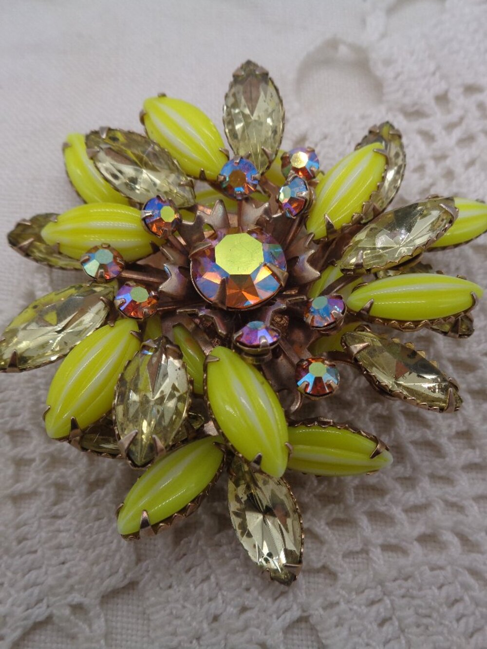 Vintage Yellow & AB RHINESTONE & Striped LUCITE BROOCH